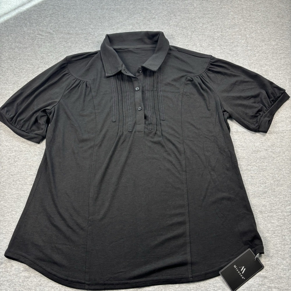 Micoson Women's XL Black Polo Puff Sleeve Top Blouse Shirt Cotton Polyester NWT